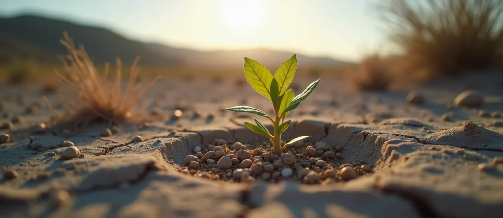 Symbolizing Seed/New Beginning: A local Bitterbrush shoot emerging from cracked soil. - AI Generated