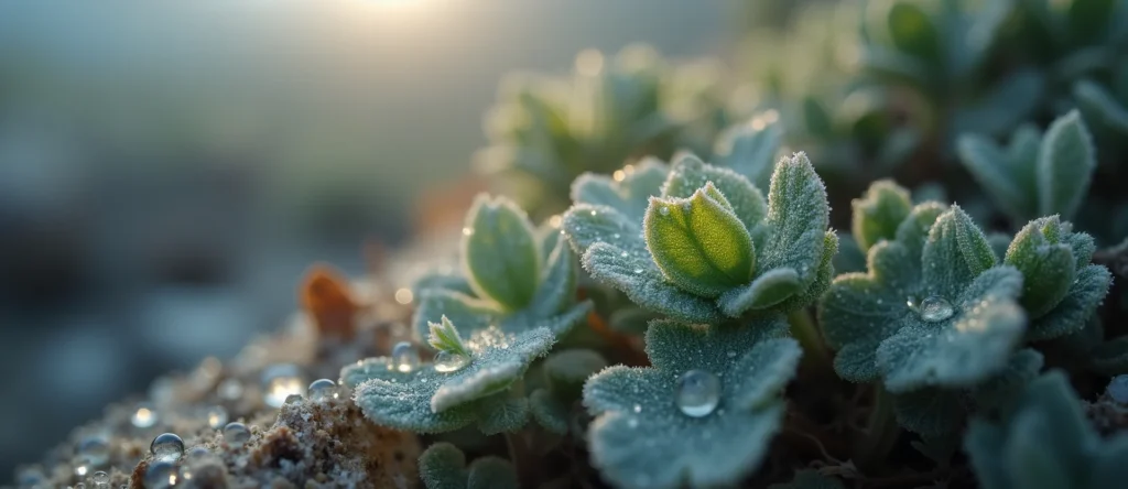 Symbolizing Flow/Cleansing: A local Bitterbrush raindrops on desert leaves. - AI Generated