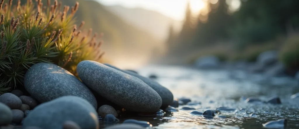 Symbolizing Flow/Cleansing: A local Rabbitbrush smooth Truckee river stones. - AI Generated