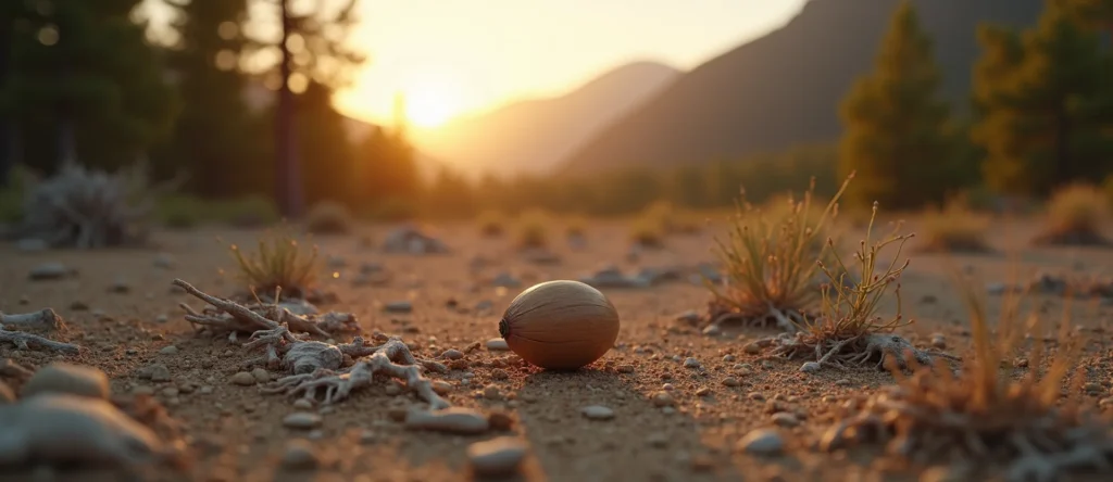 Symbolizing Seed/New Beginning: A local Ponderosa Pine single pine seed on dry earth. - AI Generated