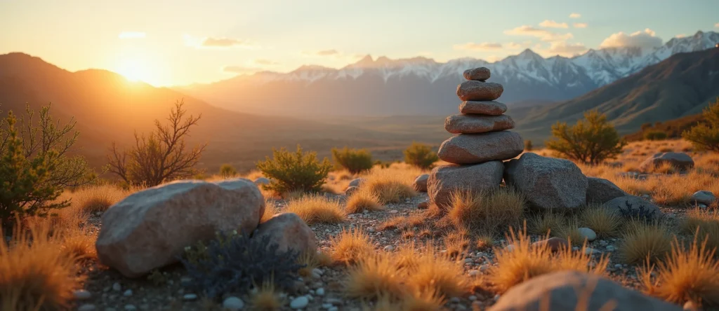 Symbolizing Stability/Peak: A local Desert Peach ancient rock cairn. - AI Generated