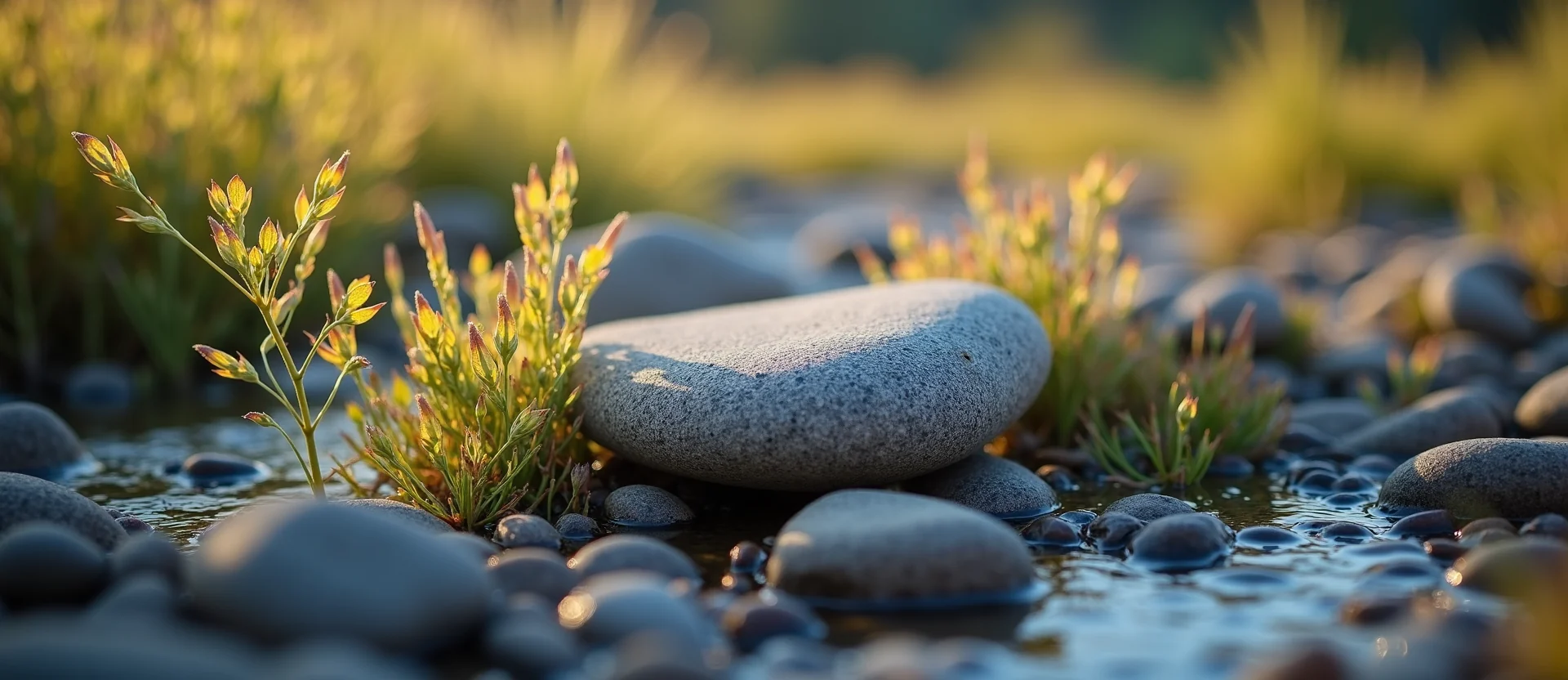 Symbolizing Flow/Cleansing: A local Rabbitbrush smooth Truckee river stones. - AI Generated