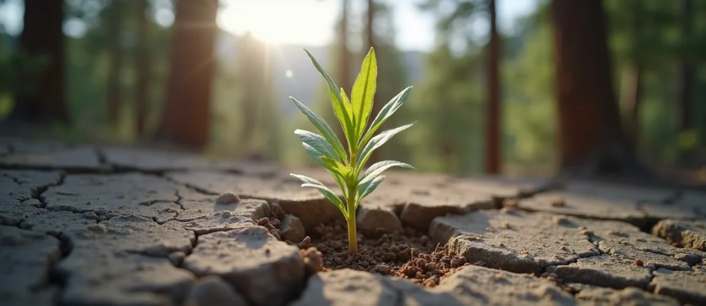 Symbolizing Seed/New Beginning: A local Ponderosa Pine shoot emerging from cracked soil. - AI Generated