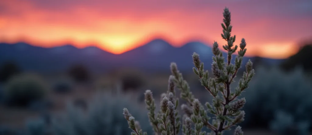Symbolizing Flow/Cleansing: A local Sagebrush (Artemisia tridentata) raindrops on desert leaves. - AI Generated