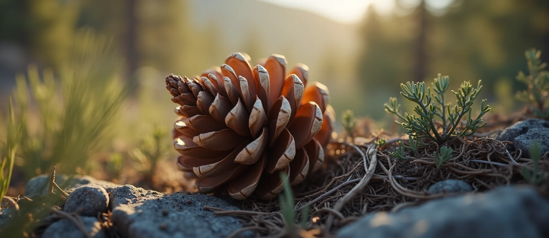 Symbolizing Seed/New Beginning: A local Desert Peach opening pine cone. - AI Generated