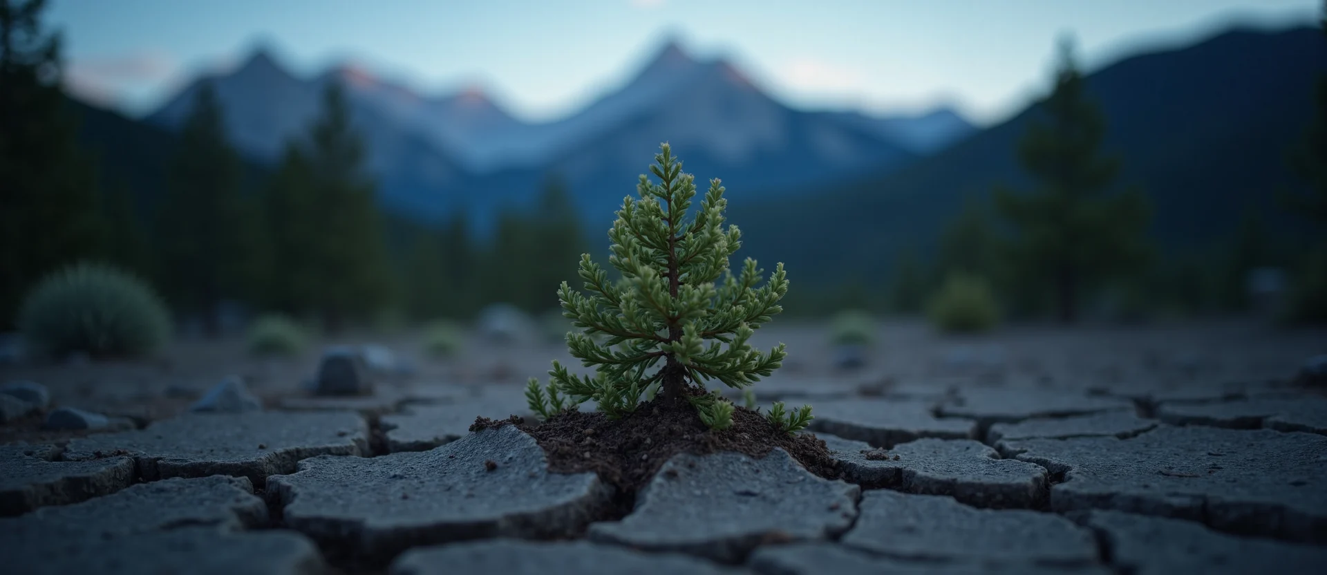 Symbolizing Seed/New Beginning: A local Manzanita shoot emerging from cracked soil. - AI Generated