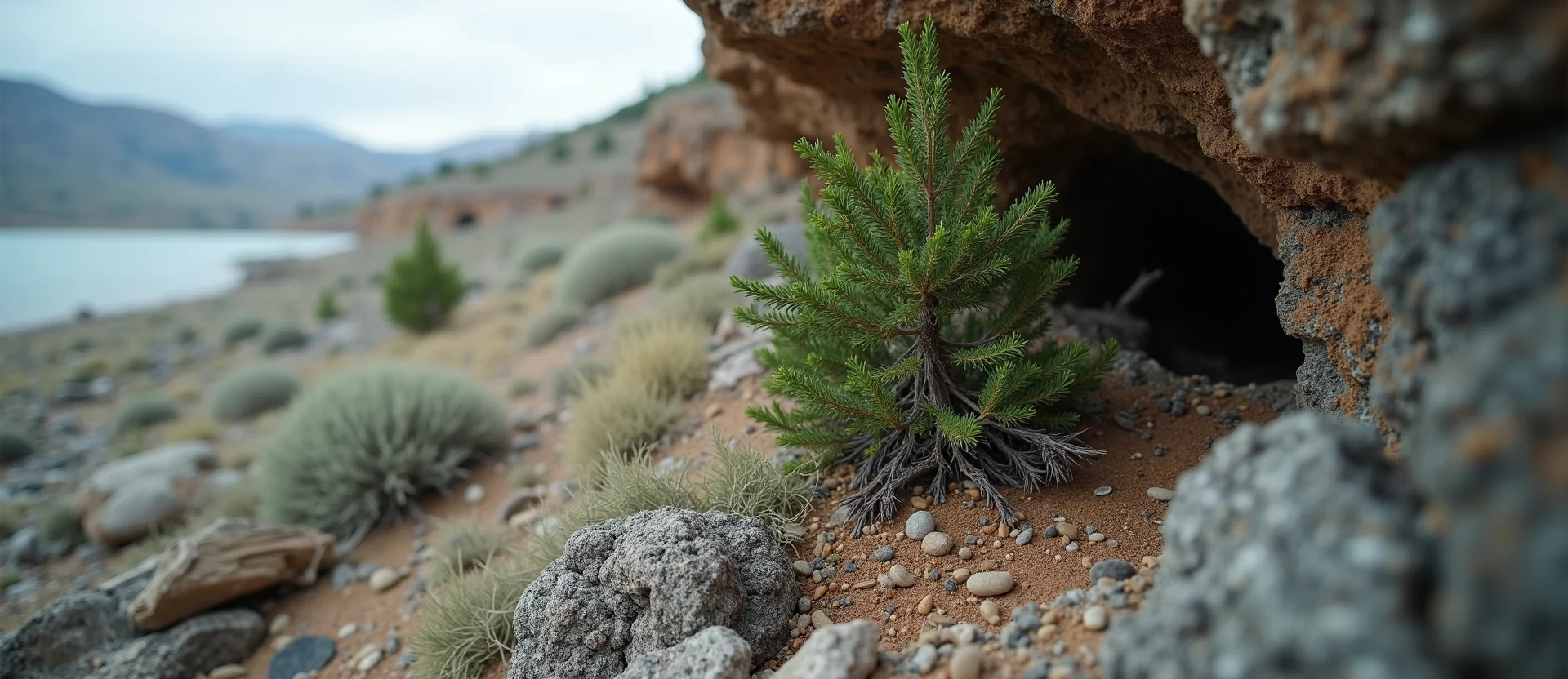 Symbolizing Growth/Resilience: A local Bitterbrush tree growing out of a rock cleft. - AI Generated