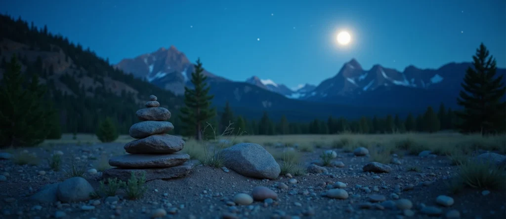 Symbolizing Stability/Peak: A local Quaking Aspen ancient rock cairn. - AI Generated
