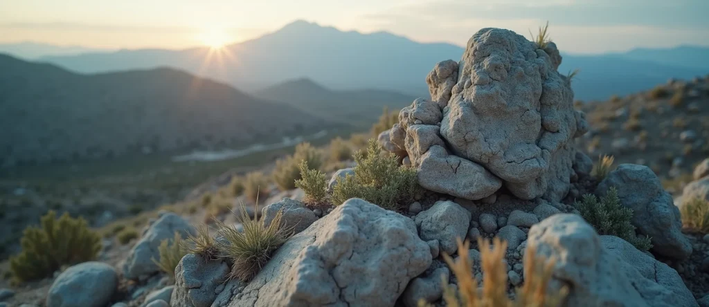 Symbolizing Stability/Peak: A local Desert Peach jagged granite peak. - AI Generated
