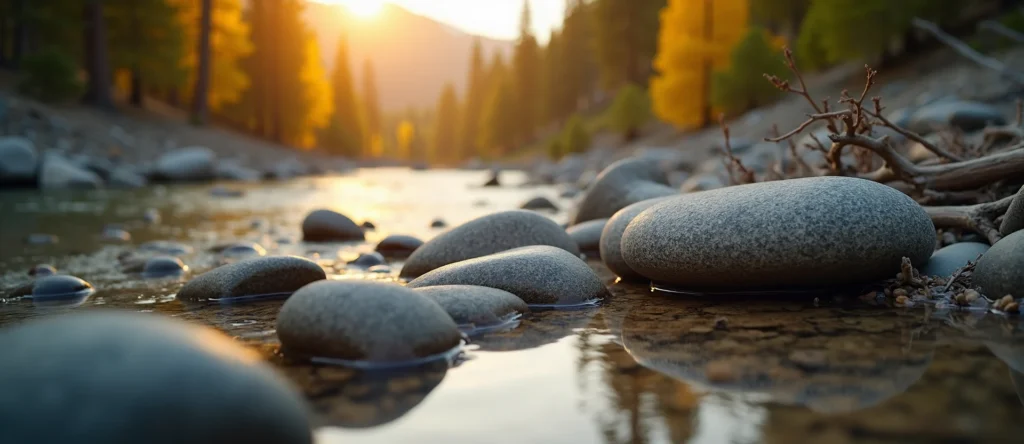 Symbolizing Flow/Cleansing: A local Quaking Aspen smooth Truckee river stones. - AI Generated