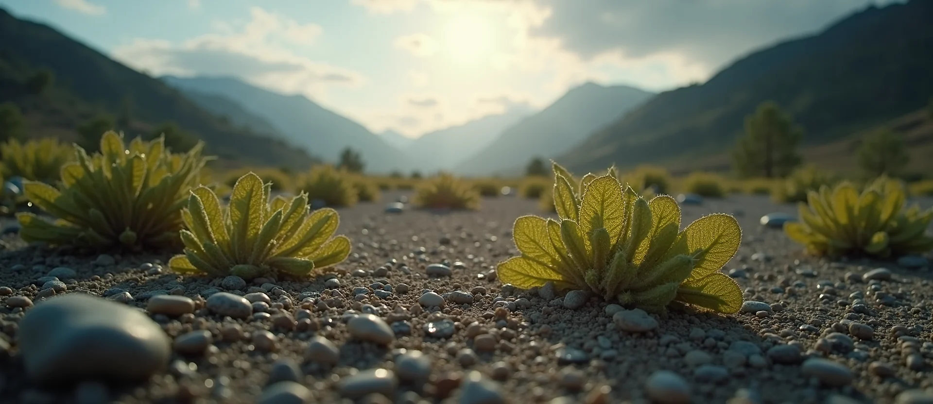 Symbolizing Flow/Cleansing: A local Mountain Mahogany raindrops on desert leaves. - AI Generated