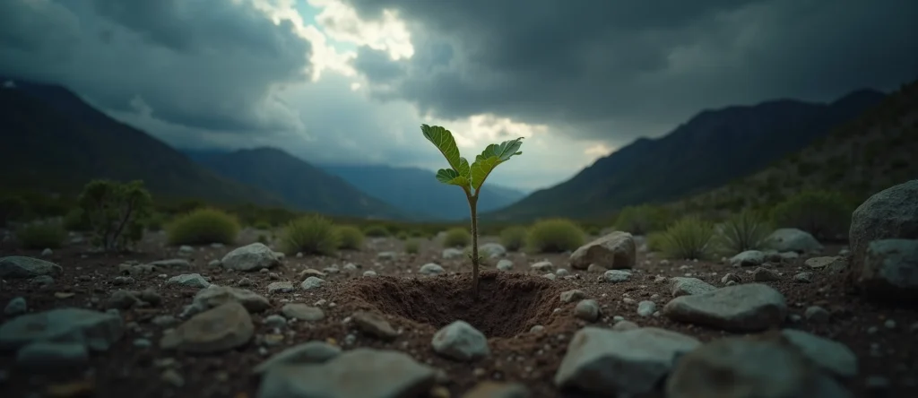 Symbolizing Seed/New Beginning: A local Mountain Mahogany shoot emerging from cracked soil. - AI Generated