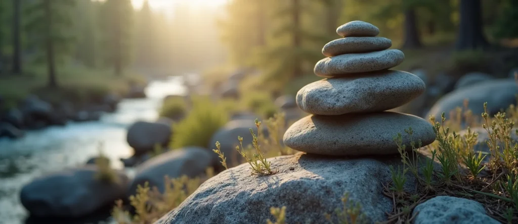 Symbolizing Stability/Peak: A local Manzanita ancient rock cairn. - AI Generated
