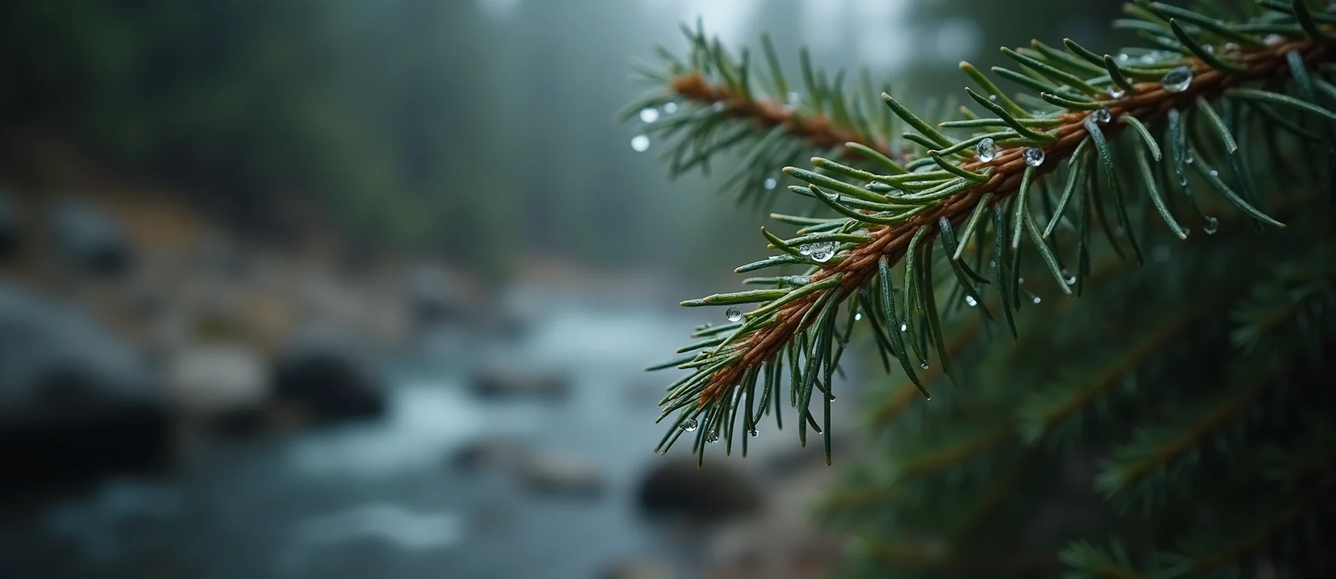 Symbolizing Flow/Cleansing: A local Ponderosa Pine raindrops on desert leaves. - AI Generated