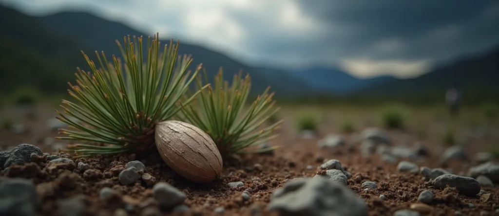 Symbolizing Seed/New Beginning: A local Quaking Aspen single pine seed on dry earth. - AI Generated