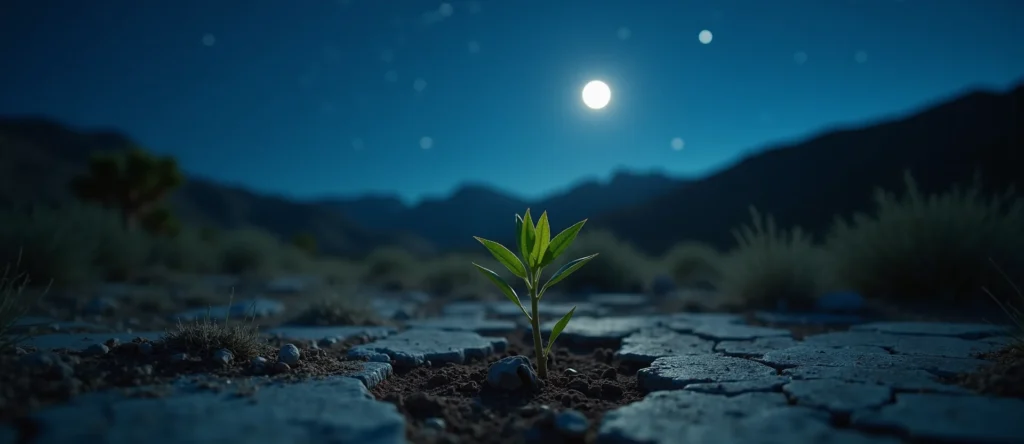 Symbolizing Seed/New Beginning: A local Mountain Mahogany shoot emerging from cracked soil. - AI Generated