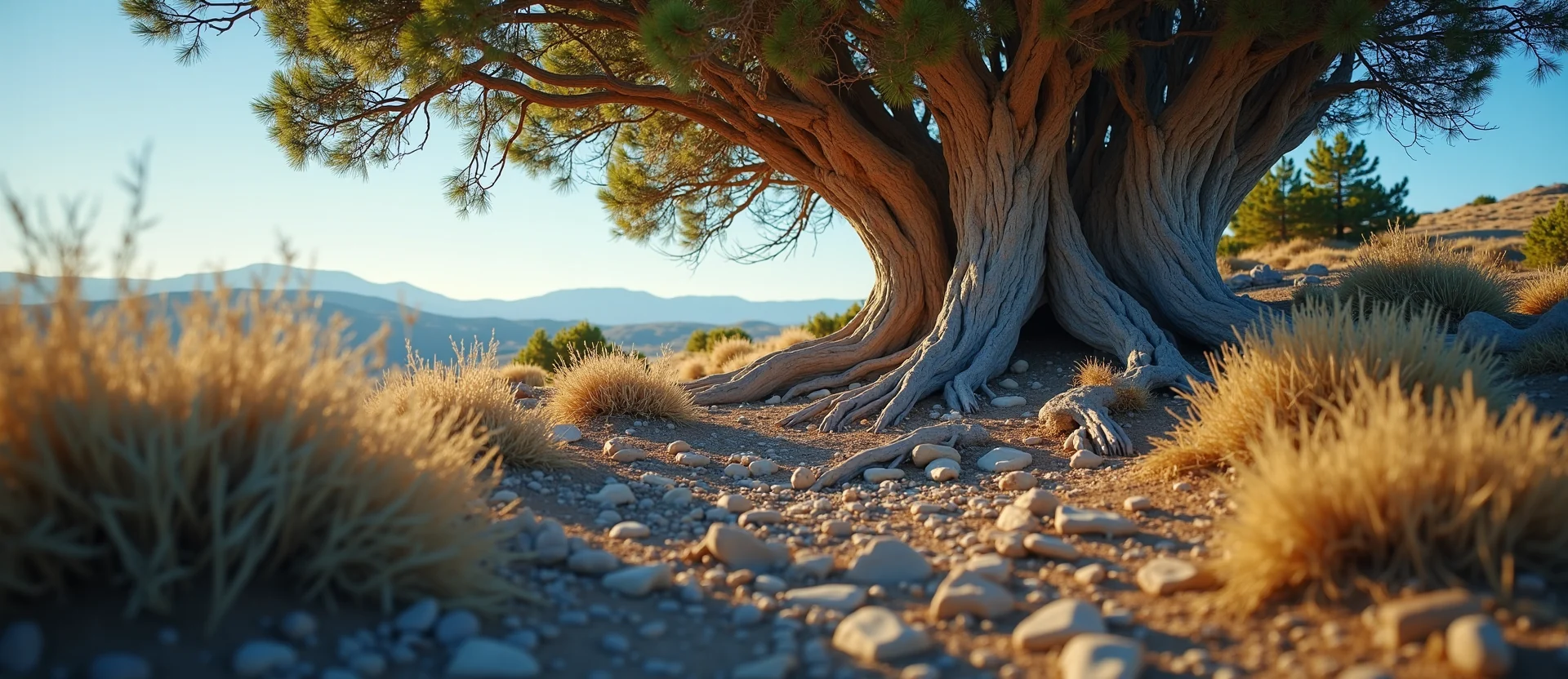Symbolizing Growth/Resilience: A local Indian Paintbrush gnarled juniper roots. - AI Generated