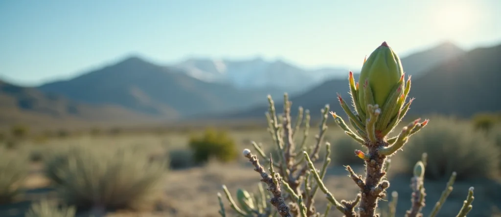 Symbolizing Seed/New Beginning: A local Desert Peach new green bud on a branch. - AI Generated