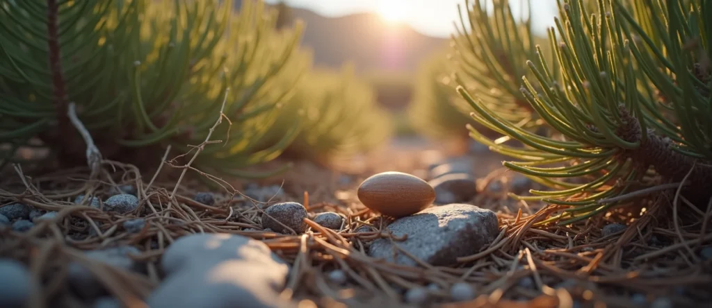 Symbolizing Seed/New Beginning: A local Rabbitbrush single pine seed on dry earth. - AI Generated
