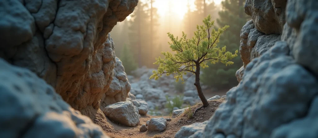 Symbolizing Growth/Resilience: A local Desert Peach tree growing out of a rock cleft. - AI Generated