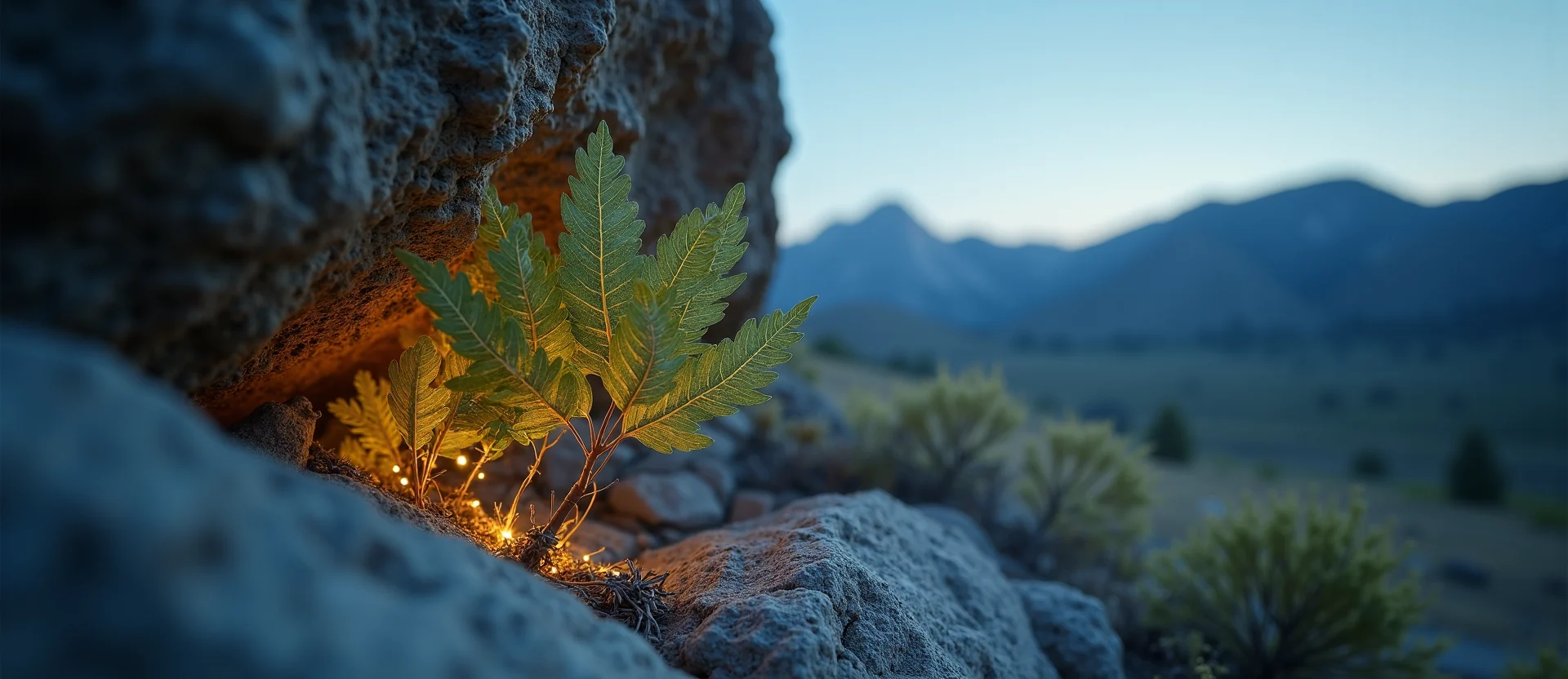 Symbolizing Growth/Resilience: A local Rabbitbrush tree growing out of a rock cleft. - AI Generated