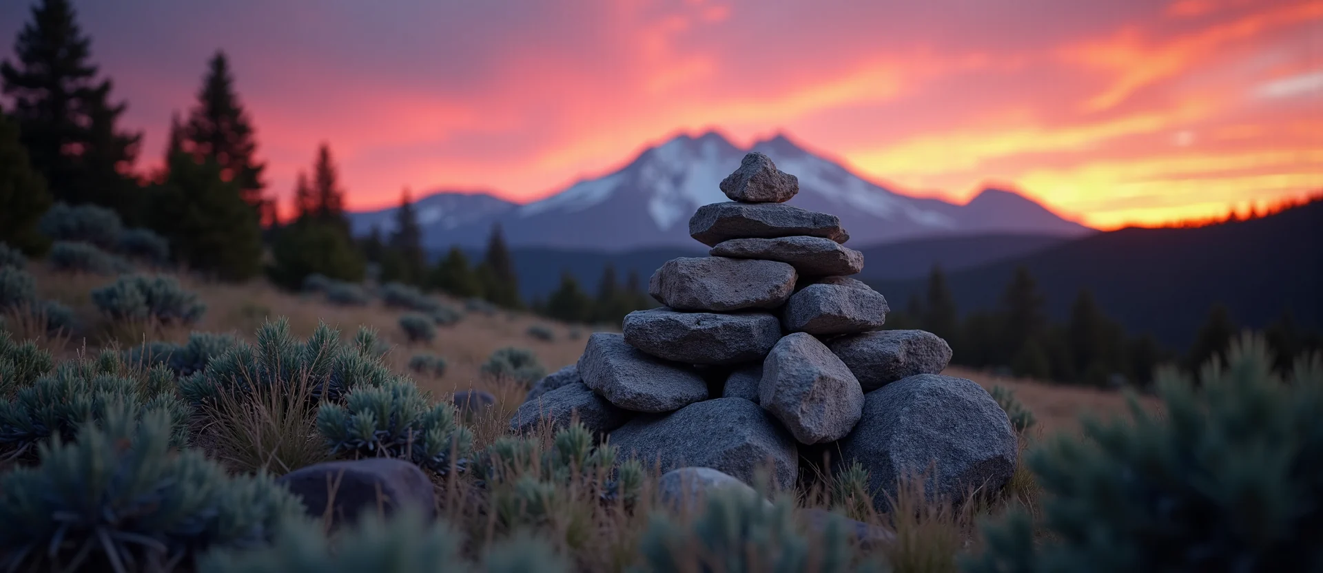 Symbolizing Stability/Peak: A local Bitterbrush ancient rock cairn. - AI Generated
