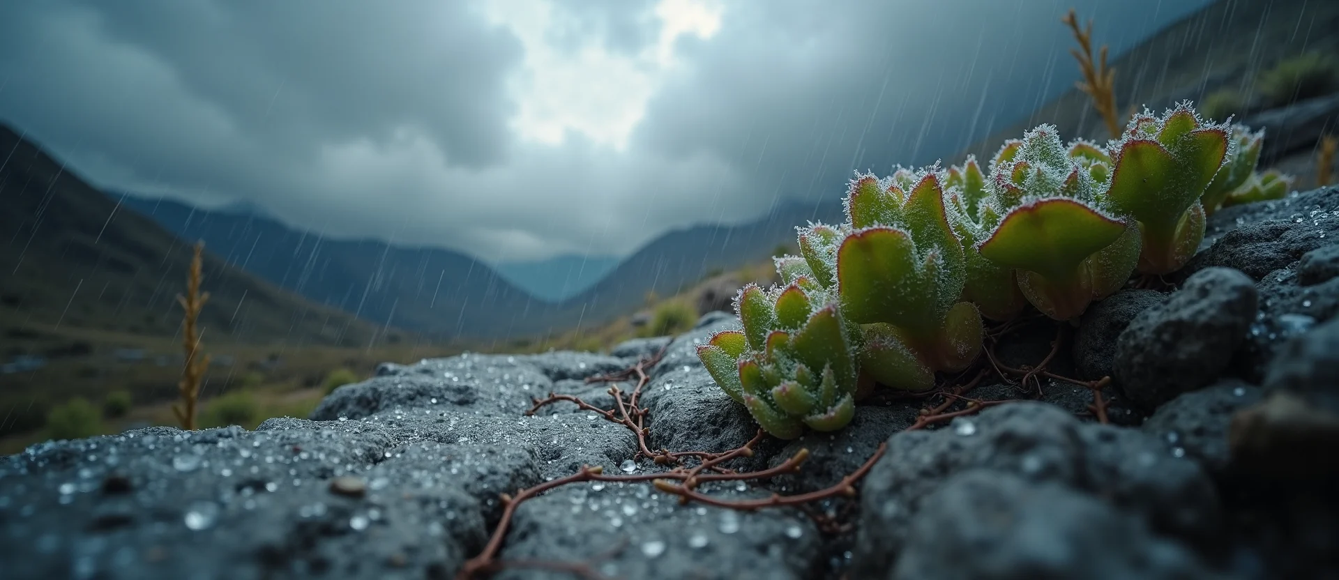Symbolizing Flow/Cleansing: A local Desert Peach raindrops on desert leaves. - AI Generated