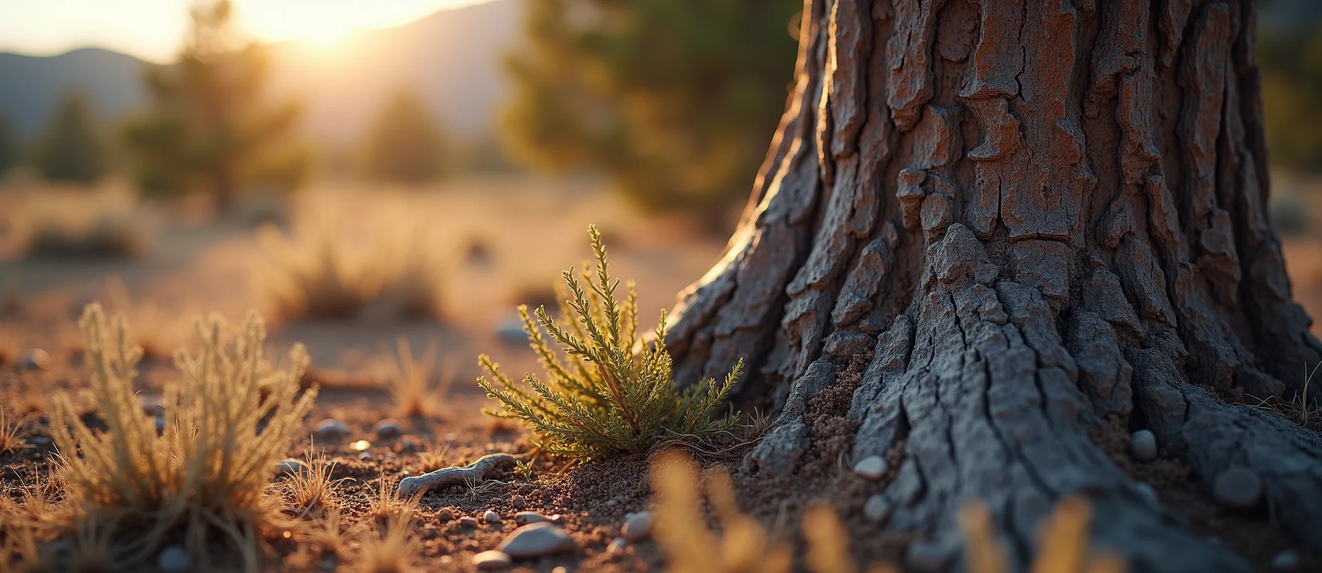 Symbolizing Growth/Resilience: A local Rabbitbrush sturdy weathered tree trunk. - AI Generated