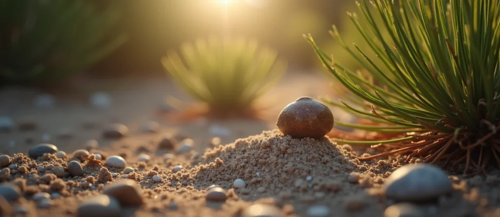 Symbolizing Seed/New Beginning: A local Rabbitbrush single pine seed on dry earth. - AI Generated