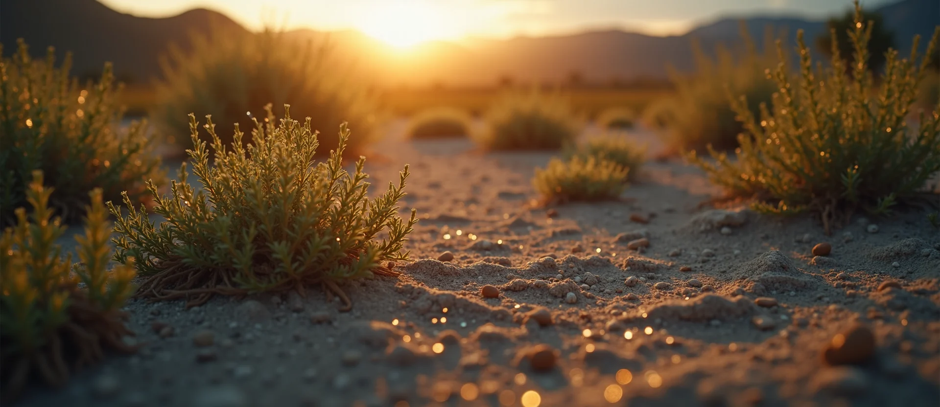 Symbolizing Flow/Cleansing: A local Sagebrush (Artemisia tridentata) raindrops on desert leaves. - AI Generated