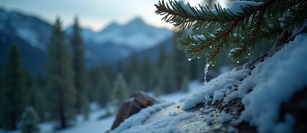 Symbolizing Flow/Cleansing: A local Ponderosa Pine raindrops on desert leaves. - AI Generated