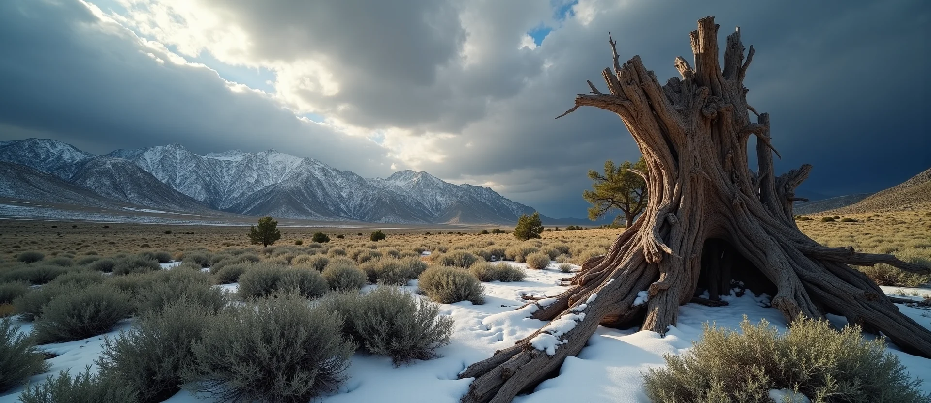 Symbolizing Growth/Resilience: A local Sagebrush (Artemisia tridentata) sturdy weathered tree trunk. - AI Generated
