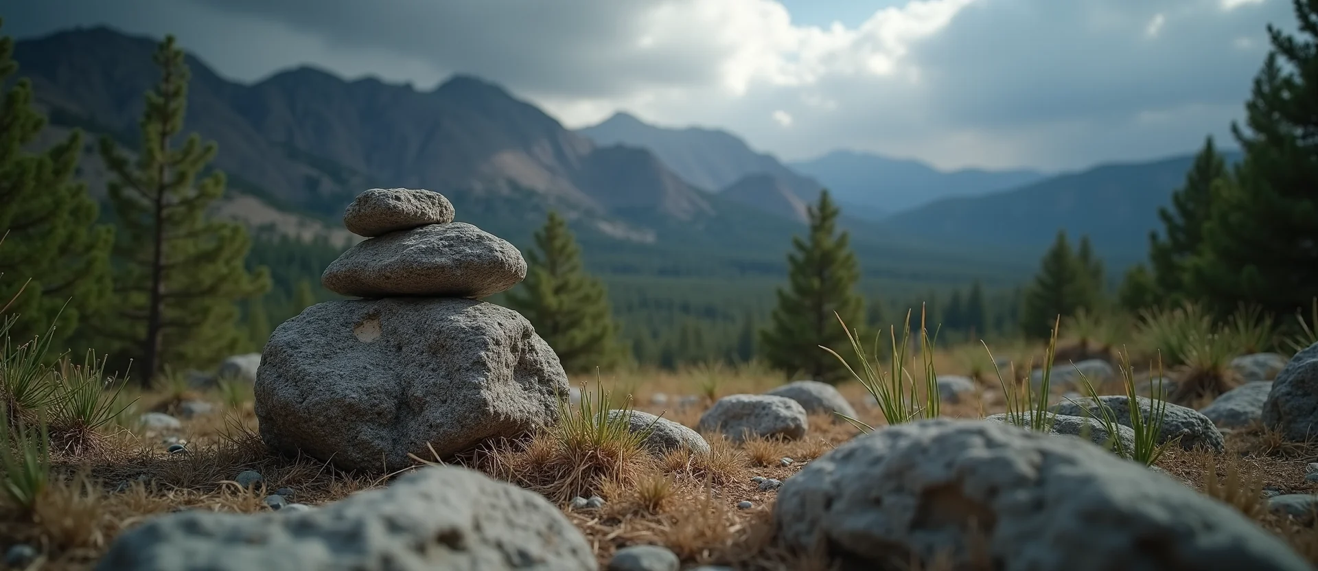 Symbolizing Stability/Peak: A local Ponderosa Pine ancient rock cairn. - AI Generated