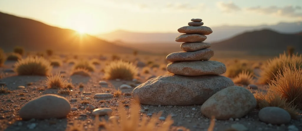 Symbolizing Stability/Peak: A local Desert Peach ancient rock cairn. - AI Generated