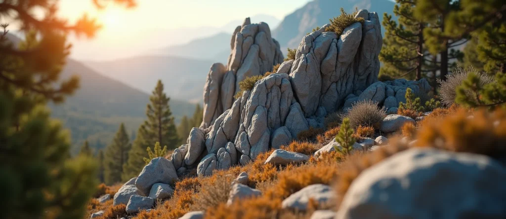 Symbolizing Stability/Peak: A local Desert Peach jagged granite peak. - AI Generated