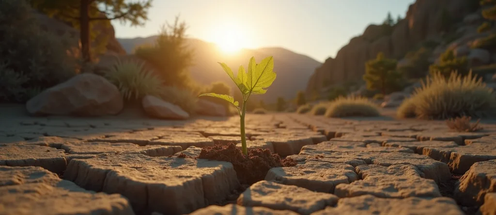 Symbolizing Seed/New Beginning: A local Mountain Mahogany shoot emerging from cracked soil. - AI Generated