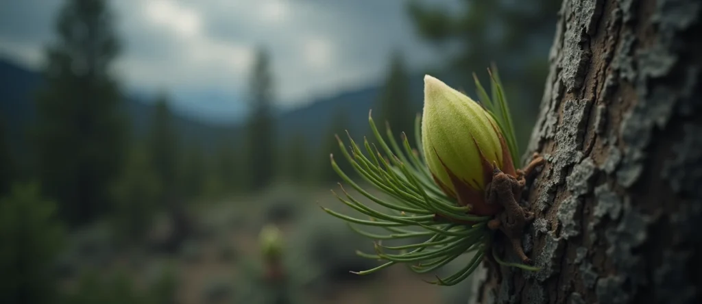 Symbolizing Seed/New Beginning: A local Manzanita new green bud on a branch. - AI Generated