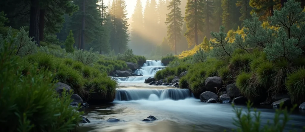 Symbolizing Flow/Cleansing: A local Bitterbrush hidden small waterfall. - AI Generated