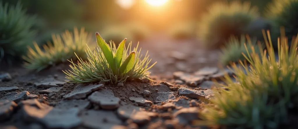 Symbolizing Seed/New Beginning: A local Sagebrush (Artemisia tridentata) shoot emerging from cracked soil. - AI Generated