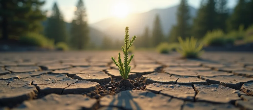 Symbolizing Seed/New Beginning: A local Ponderosa Pine shoot emerging from cracked soil. - AI Generated