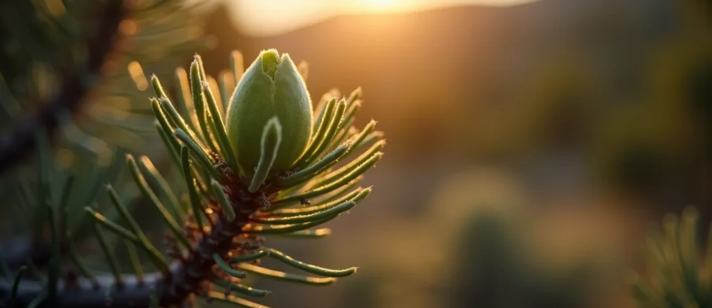 Symbolizing Seed/New Beginning: A local Sierra Juniper new green bud on a branch. - AI Generated