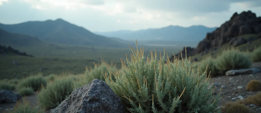 Symbolizing Flow/Cleansing: A local Sagebrush (Artemisia tridentata) raindrops on desert leaves. - AI Generated