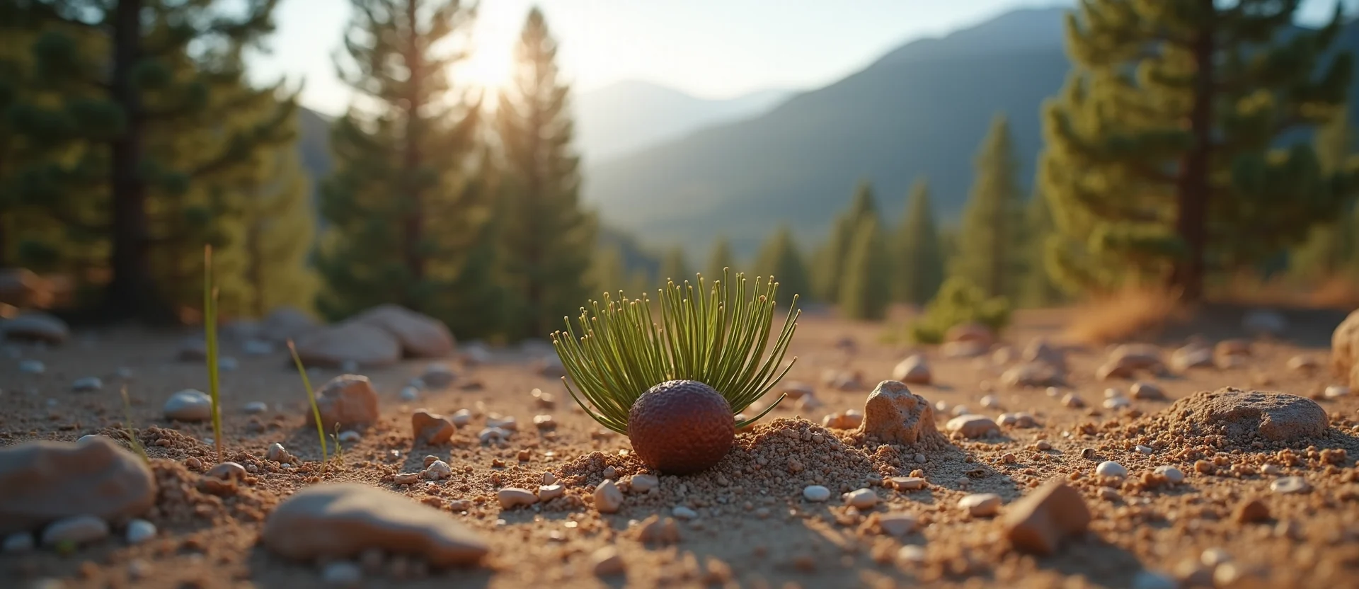 Symbolizing Seed/New Beginning: A local Ponderosa Pine single pine seed on dry earth. - AI Generated