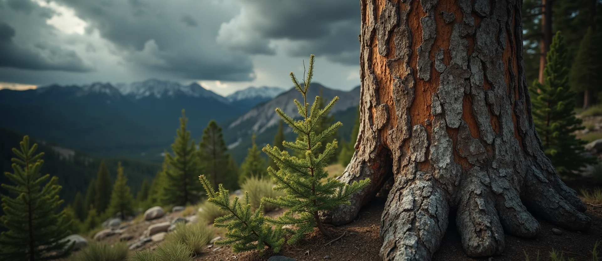 Symbolizing Growth/Resilience: A local Ponderosa Pine sturdy weathered tree trunk. - AI Generated
