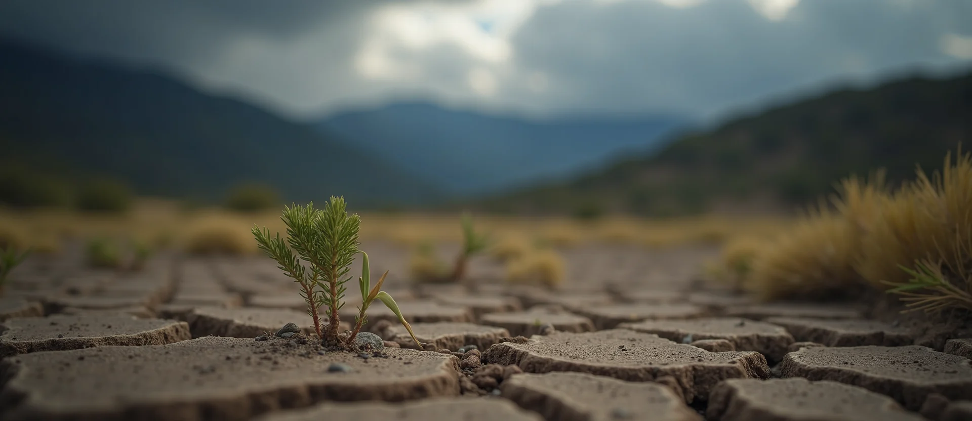 Symbolizing Seed/New Beginning: A local Rabbitbrush shoot emerging from cracked soil. - AI Generated
