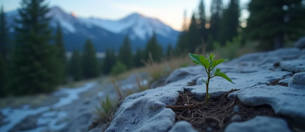 Symbolizing Seed/New Beginning: A local Ponderosa Pine shoot emerging from cracked soil. - AI Generated