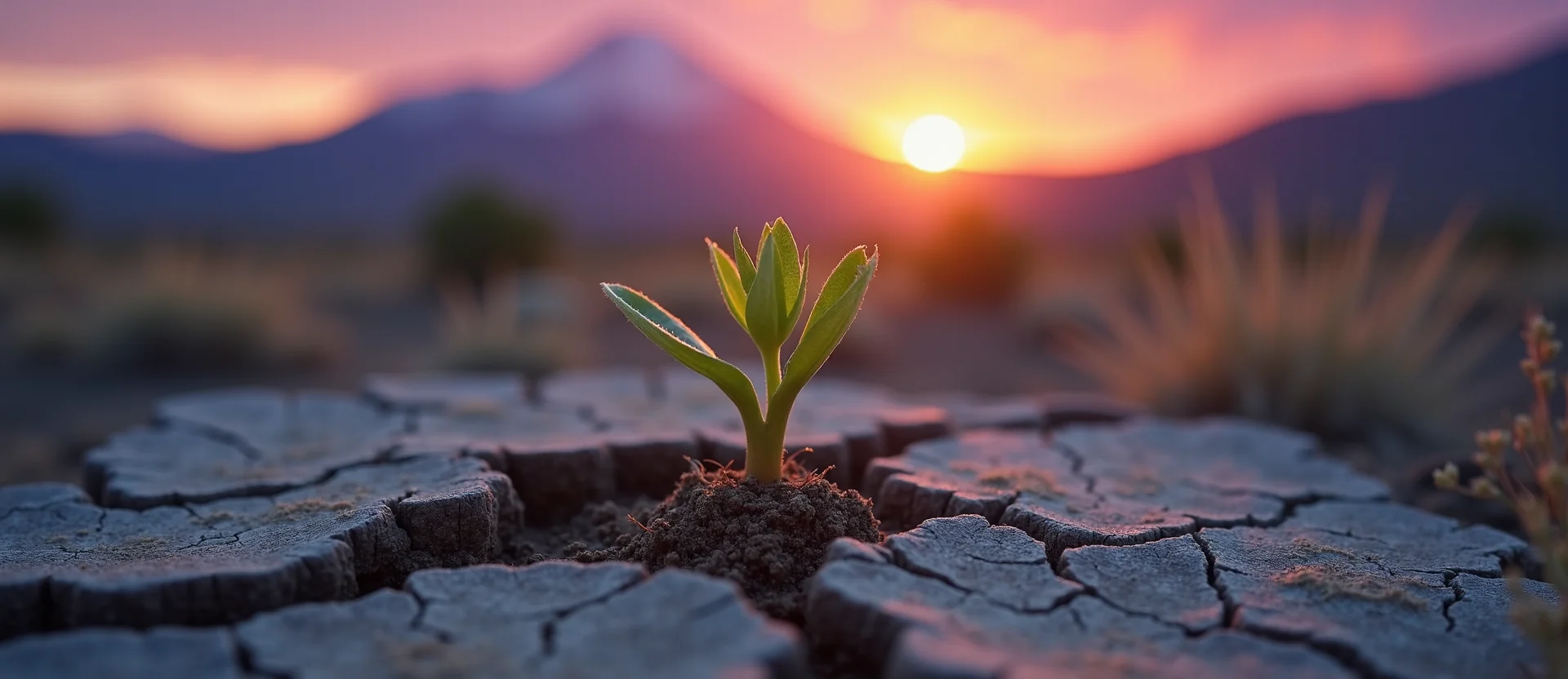 Symbolizing Seed/New Beginning: A local Desert Peach shoot emerging from cracked soil. - AI Generated