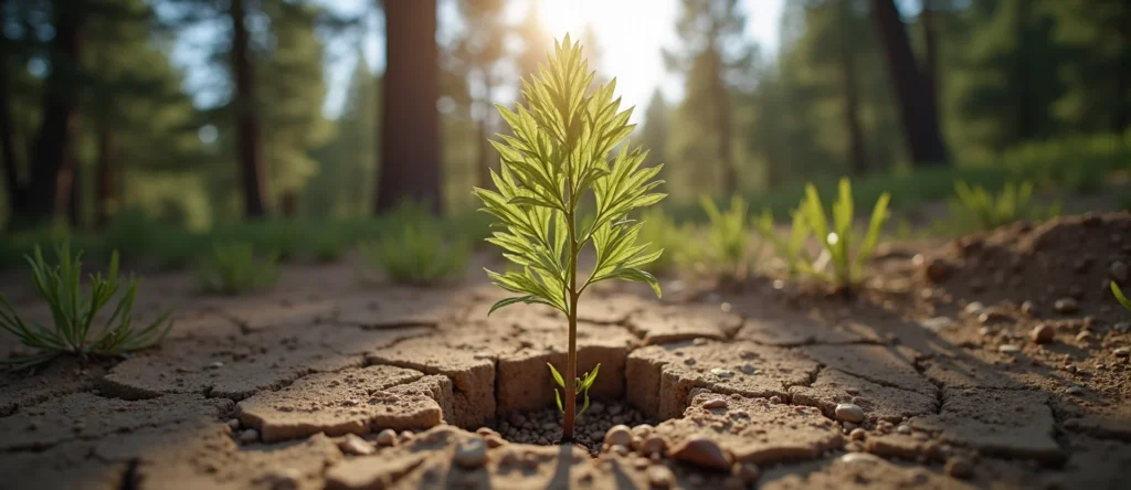 Symbolizing Seed/New Beginning: A local Ponderosa Pine shoot emerging from cracked soil. - AI Generated