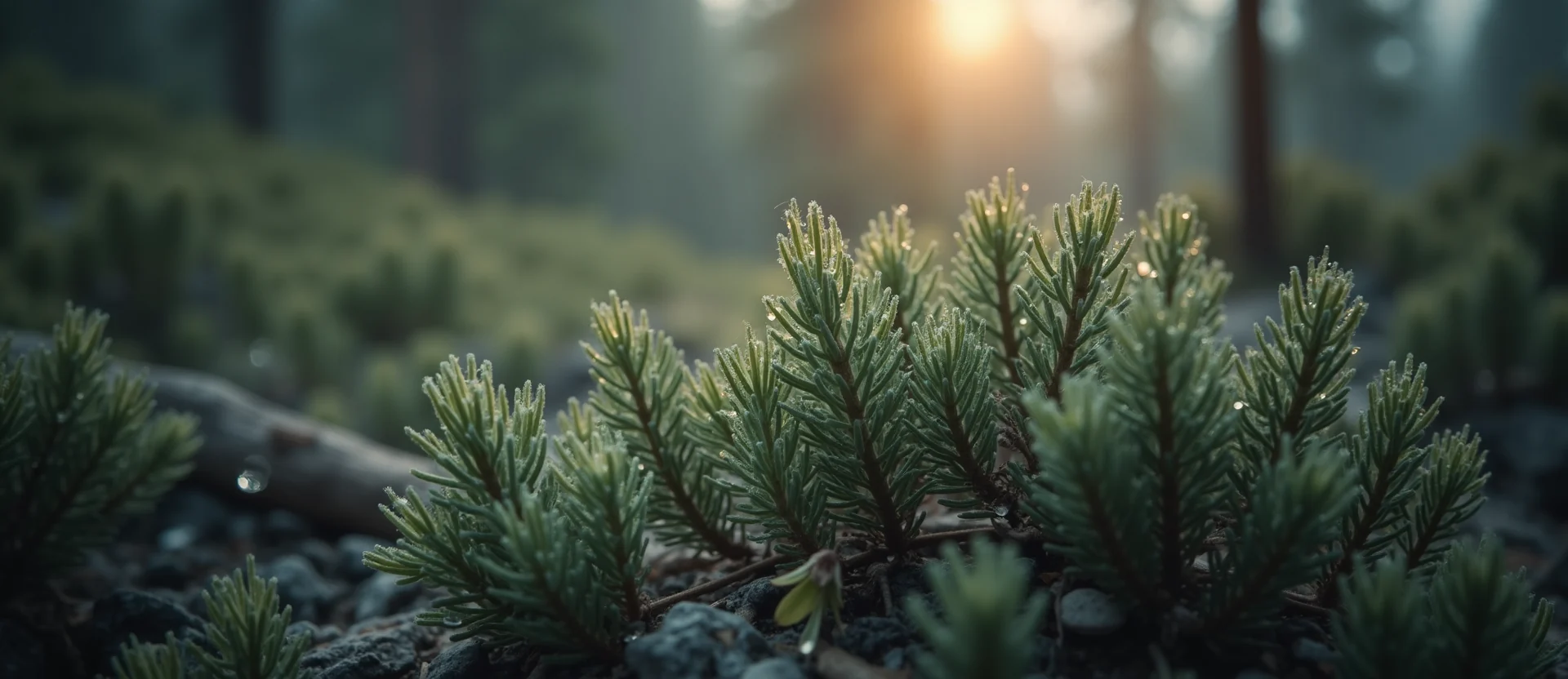 Symbolizing Flow/Cleansing: A local Ponderosa Pine raindrops on desert leaves. - AI Generated