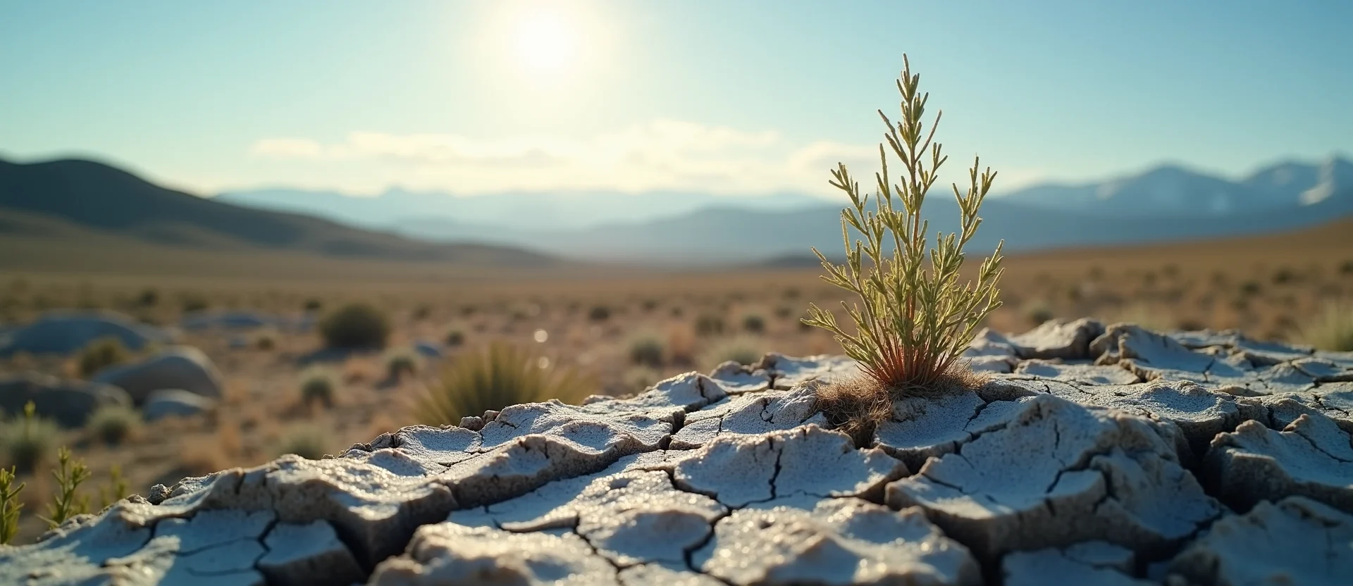 Symbolizing Seed/New Beginning: A local Sagebrush (Artemisia tridentata) shoot emerging from cracked soil. - AI Generated